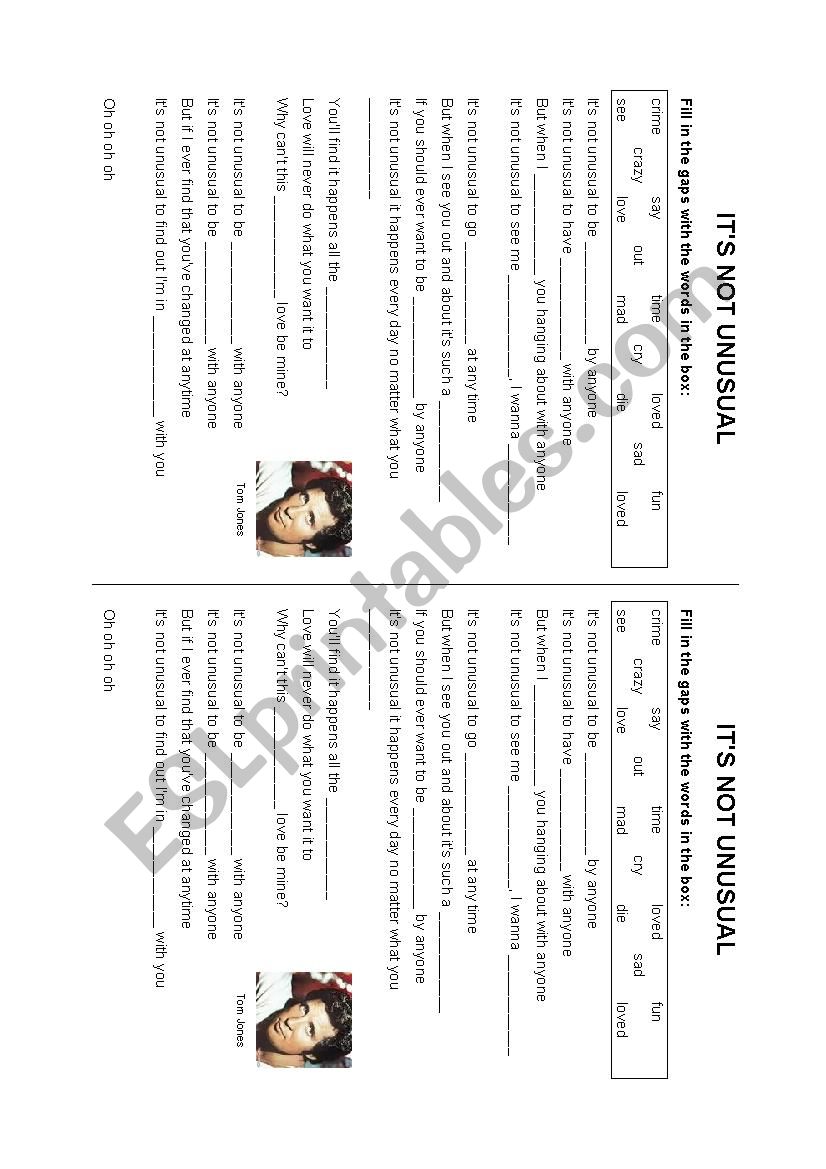 Its not unusual - Tom Jones  worksheet