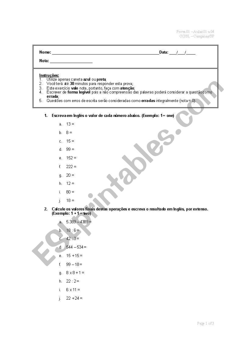 Numbers worksheet