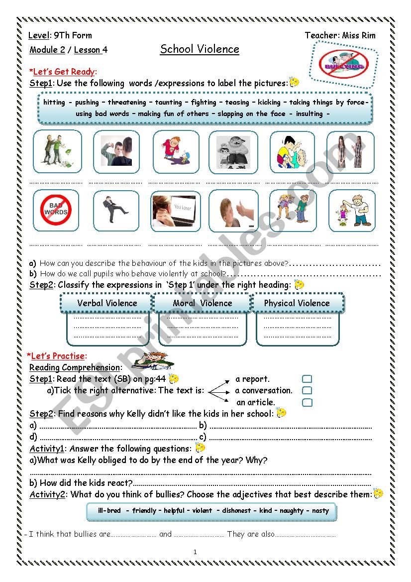 Violence at School Worksheet worksheet