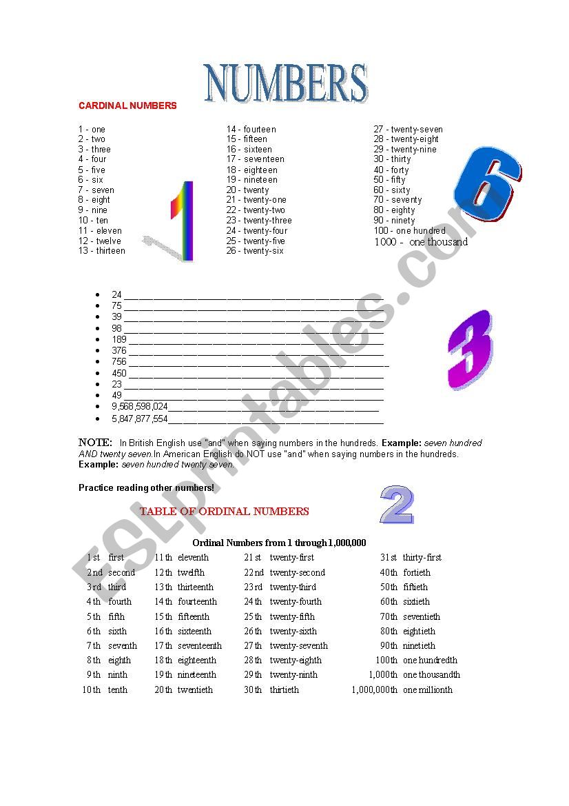 CARINAL AN ORDINAL NUMBERS worksheet