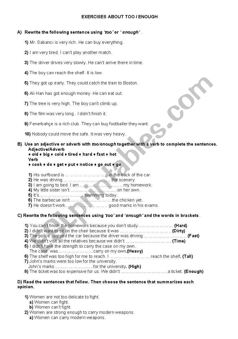 exercises about  too/ enough worksheet