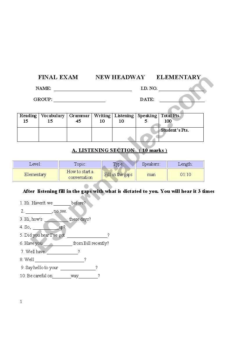 Elementary Final Exam worksheet