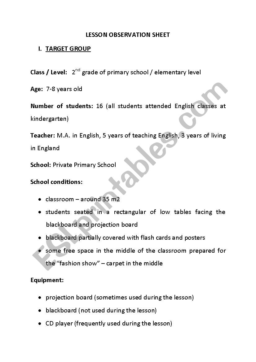Lesson observation sheet  - clothes
