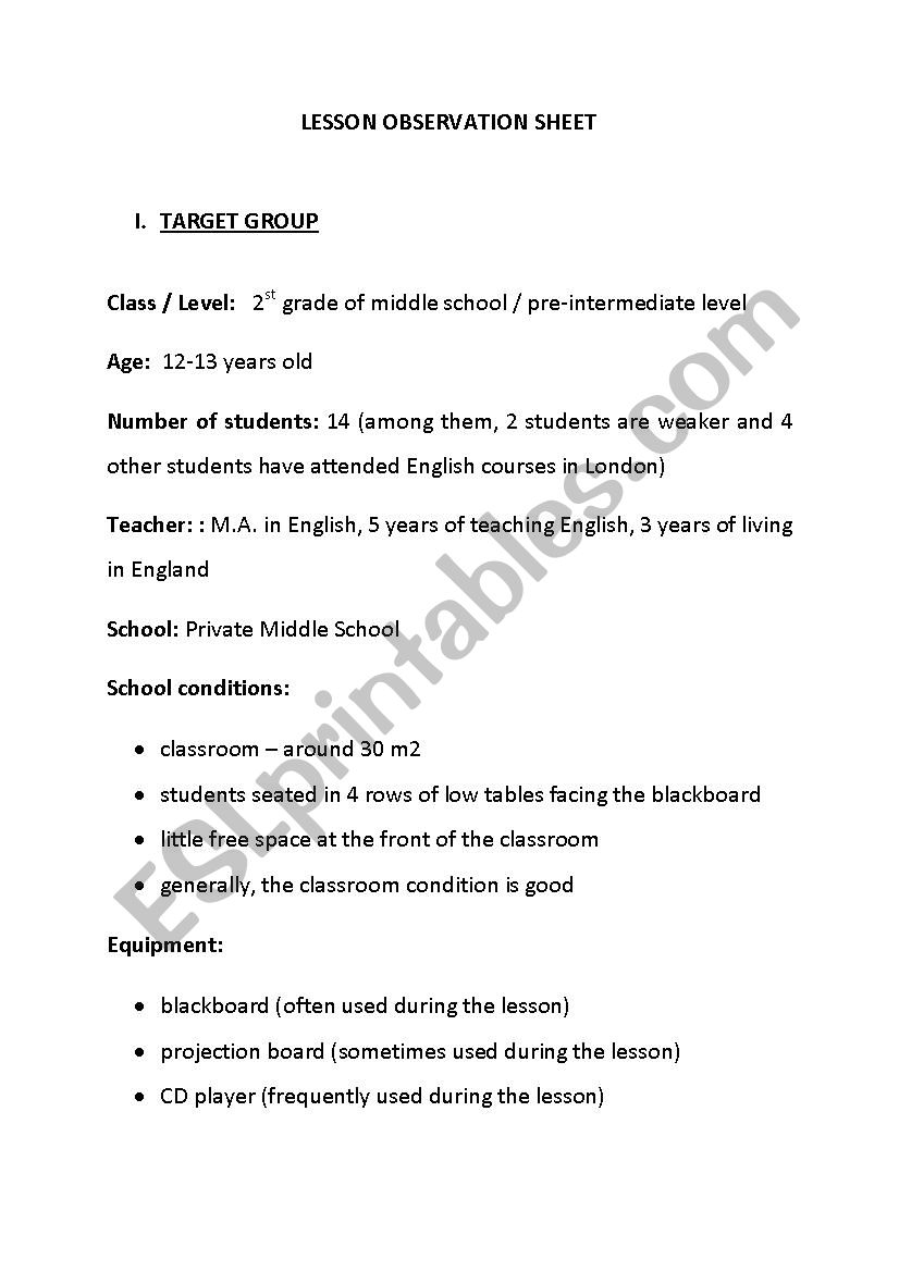 lesson observation sheet worksheet