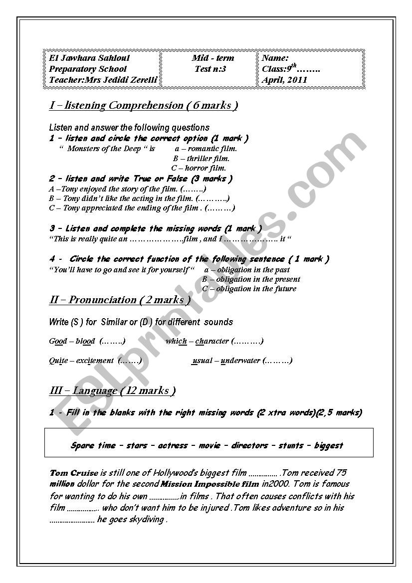 mid-term test N: 3 worksheet