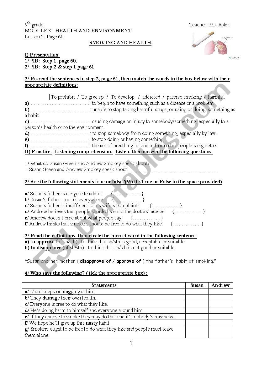 smoking and health worksheet