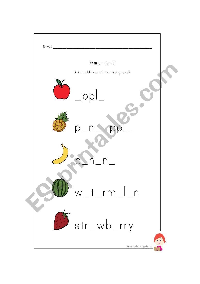 Fruits color worksheet