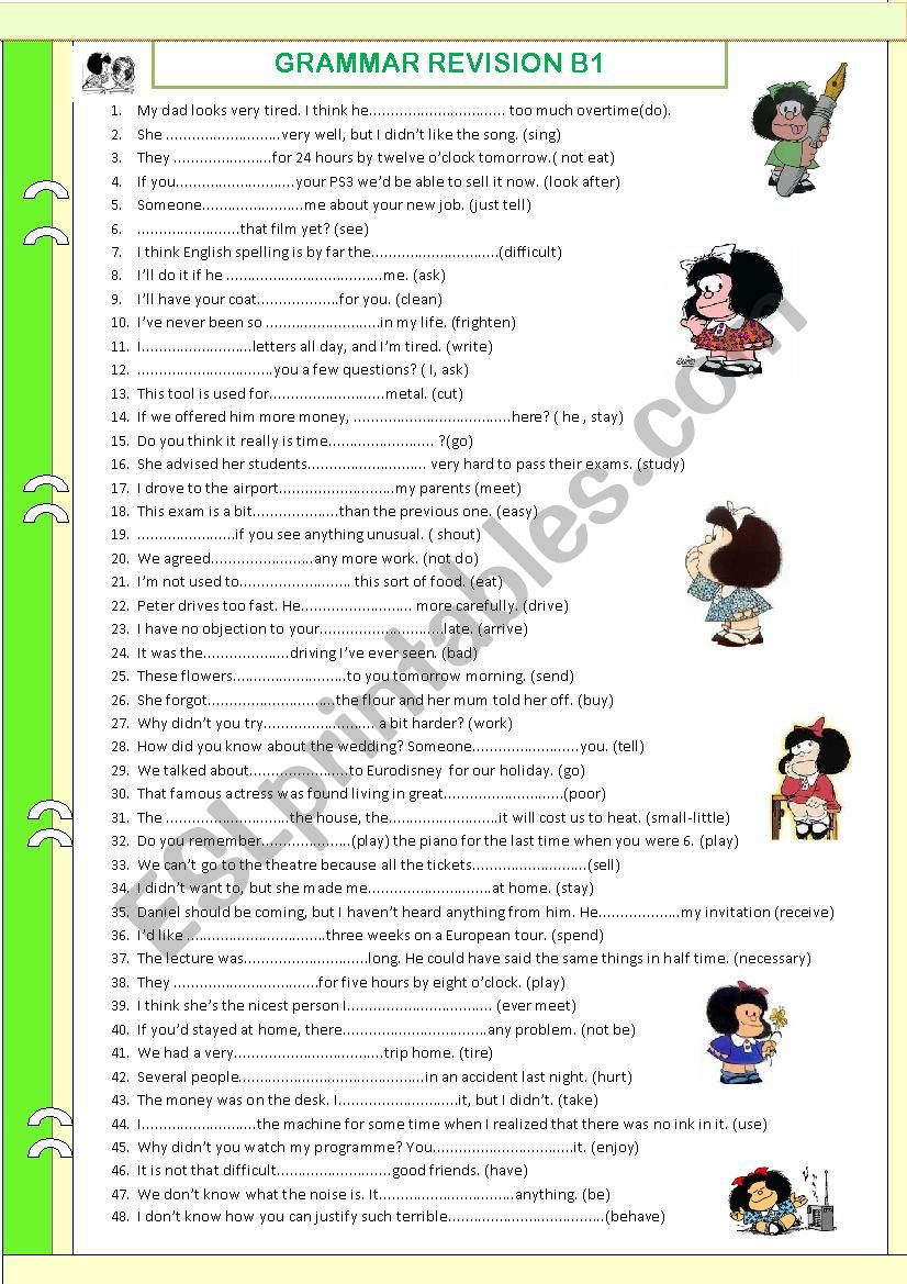 Review (B1). WITH KEY. Tenses. Word formation. Comparison etc