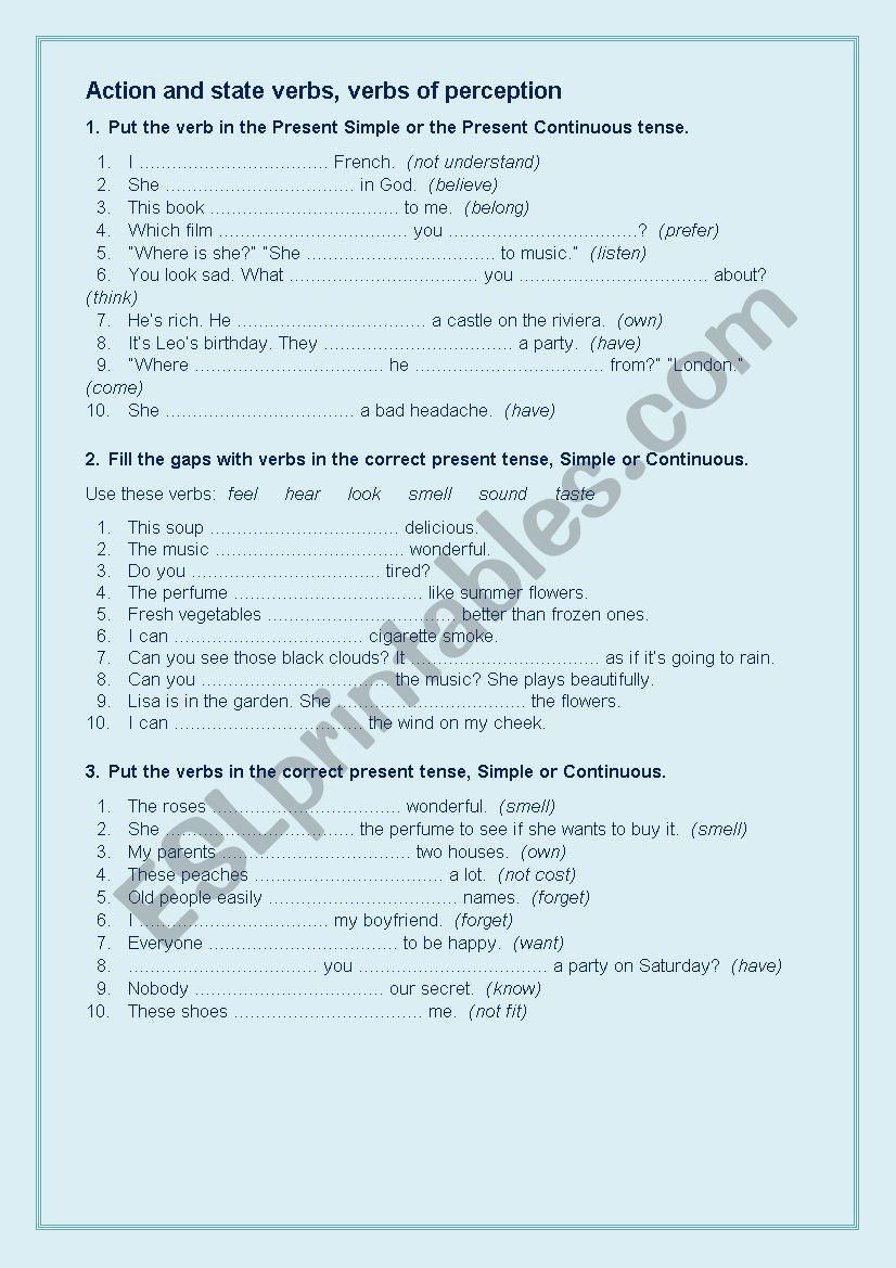 Action-State verbs worksheet