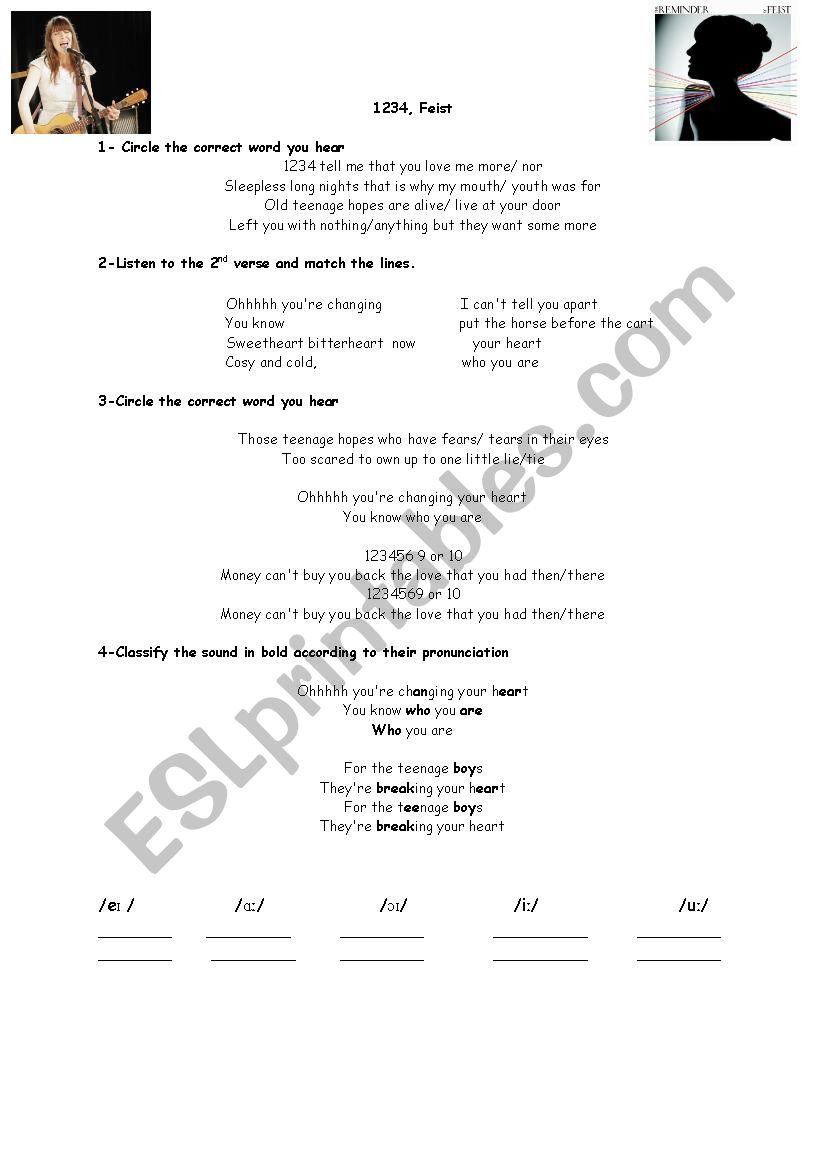 Feist 1,2,3,4 song worksheet