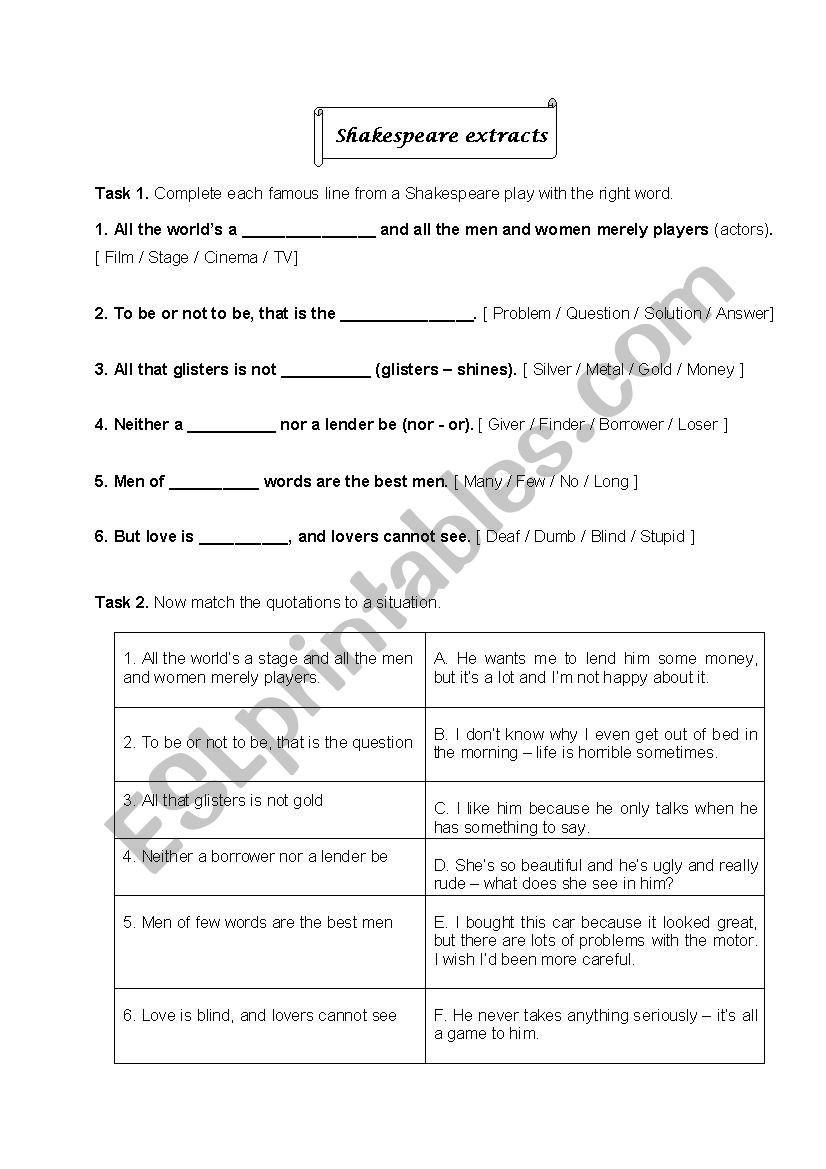 Famous lines from Shakespeare worksheet