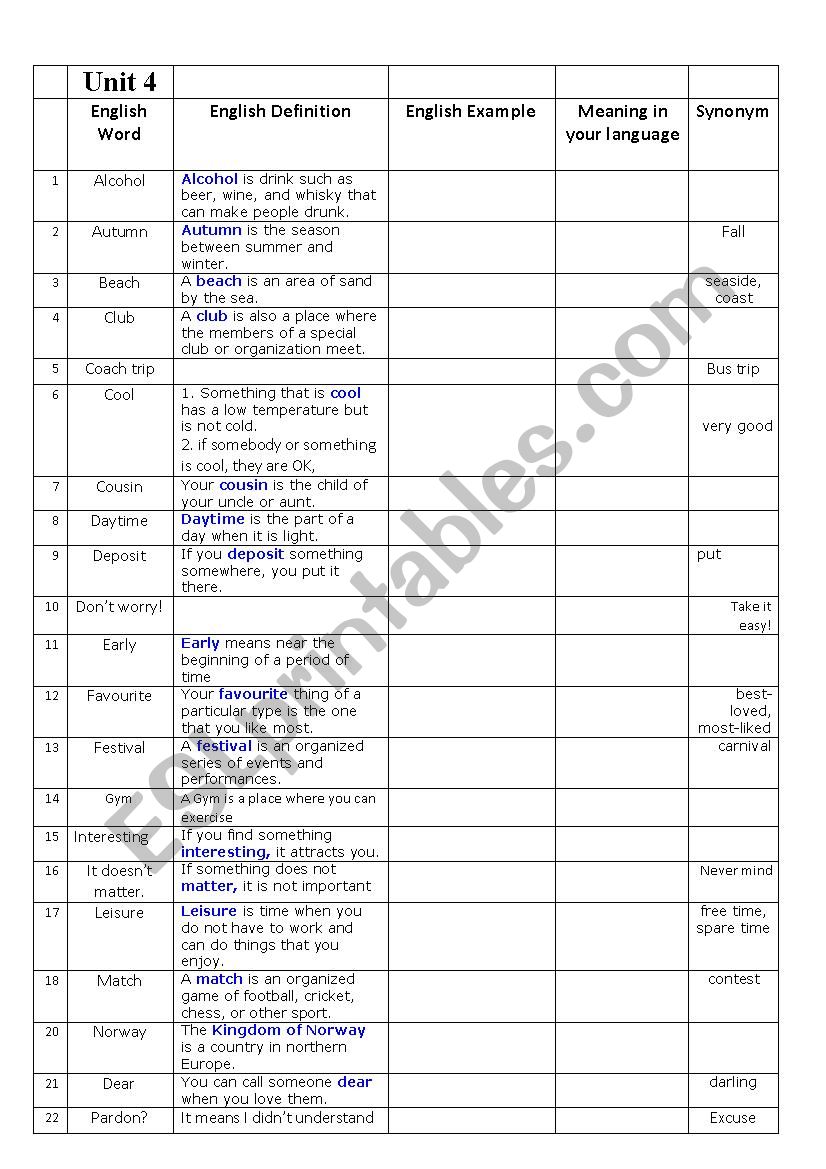 new headway 3rd edition elementary unit 3 word list