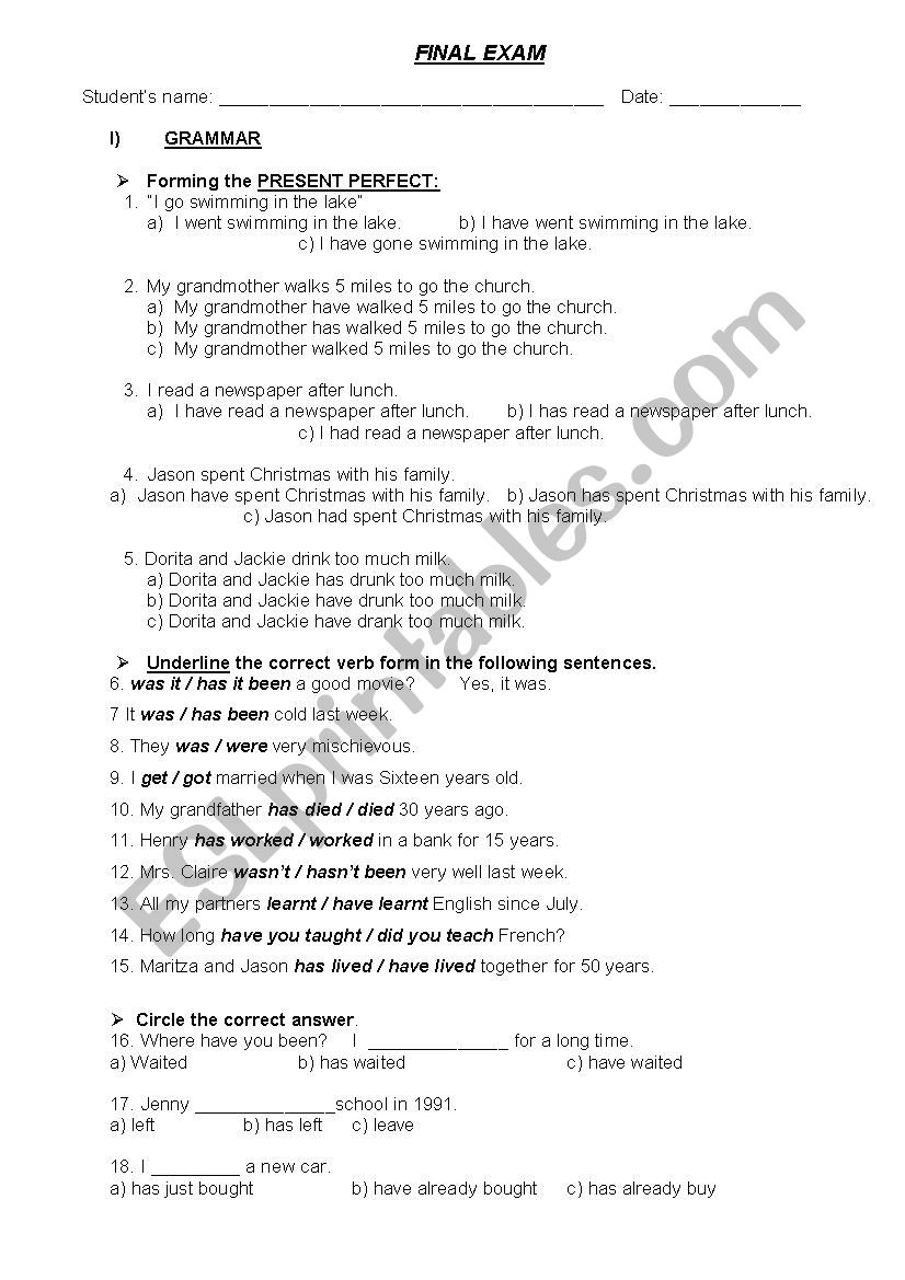 FINAL EXAM - PAST TENSE worksheet