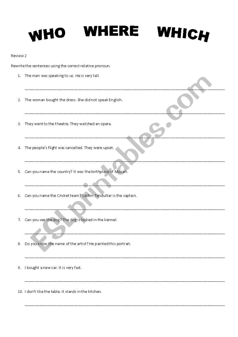 Who, Which, Where review 2 worksheet