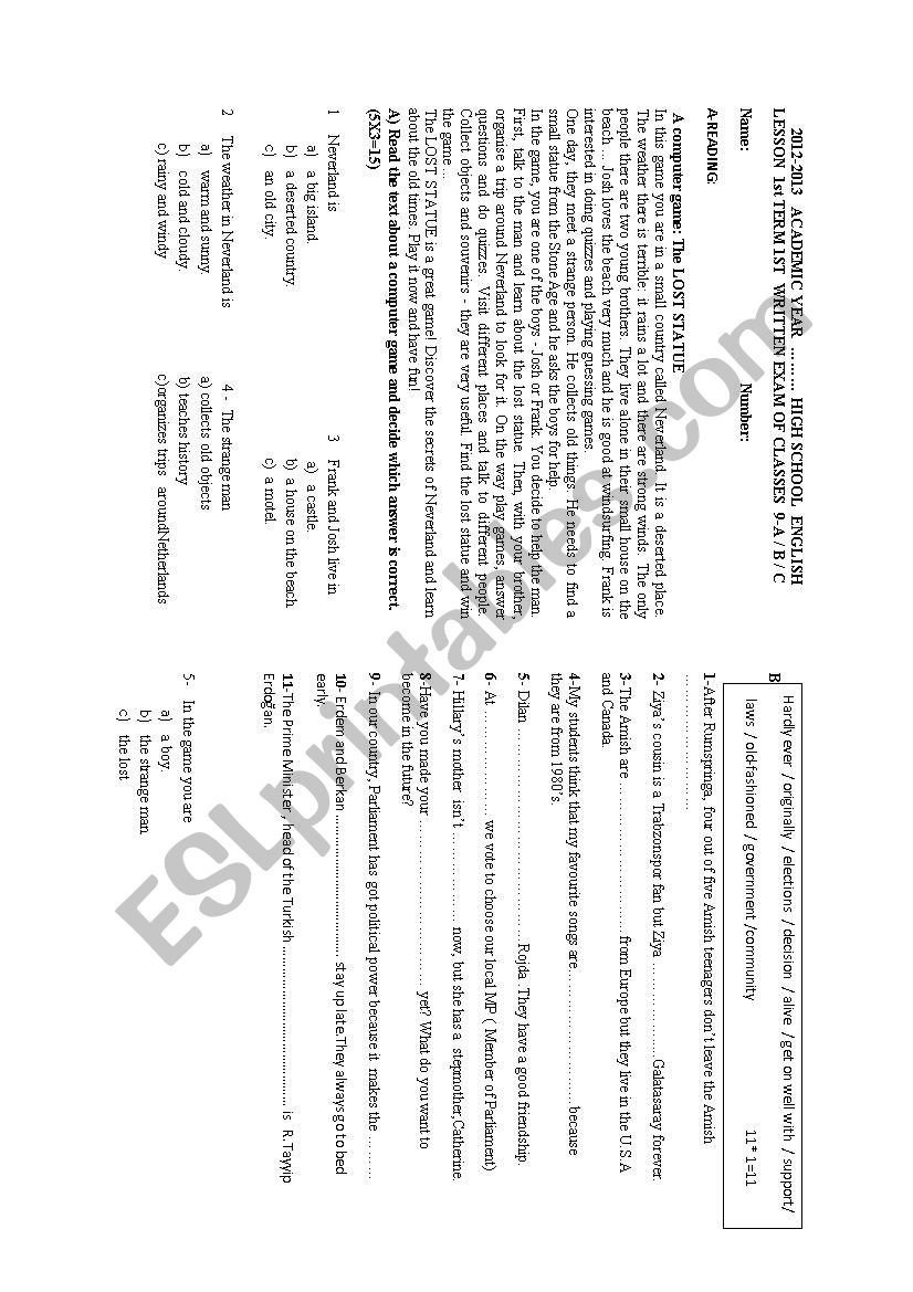 1st written exam worksheet