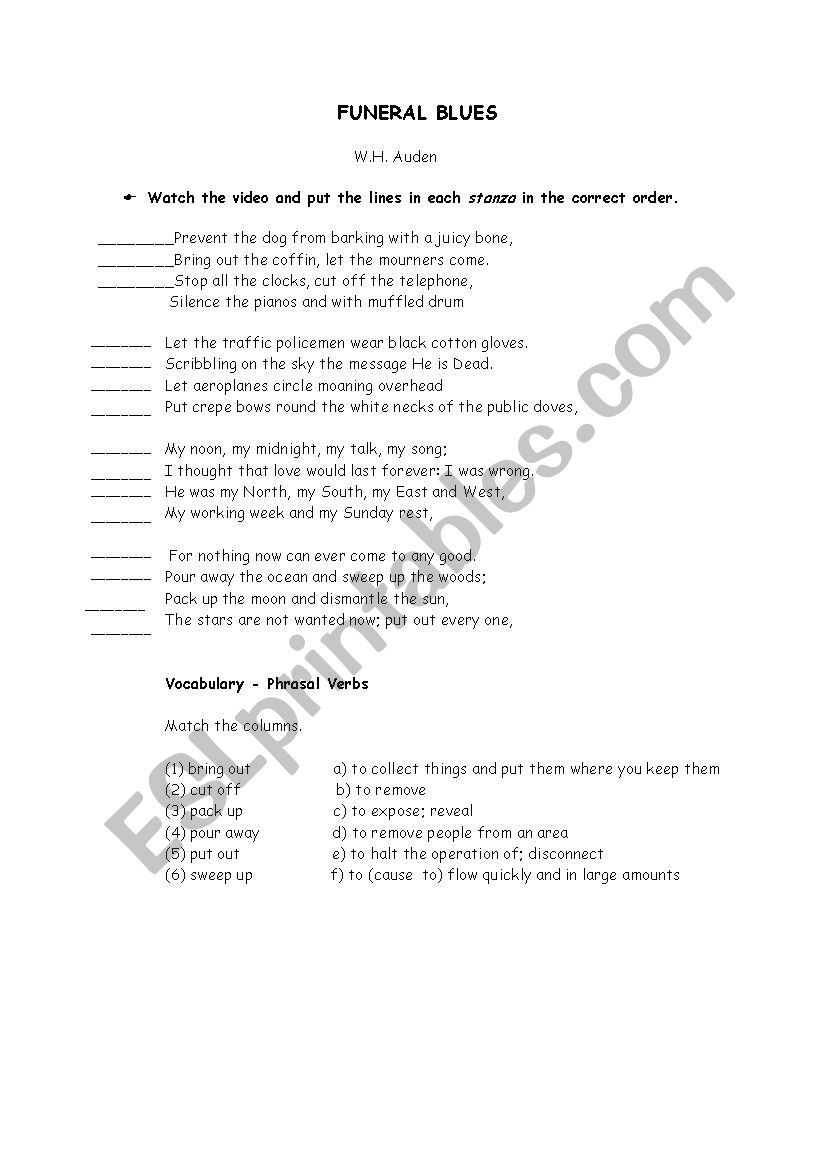 funeral blues worksheet