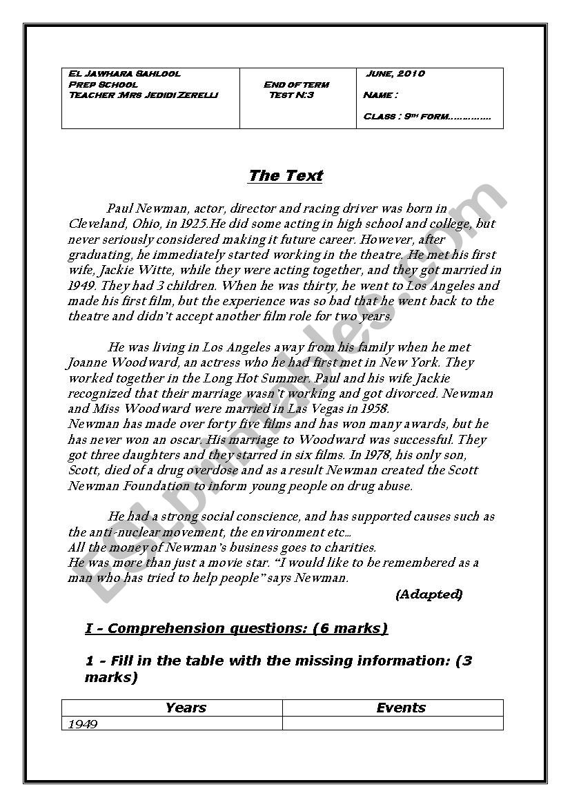 end of term test N: 3 worksheet