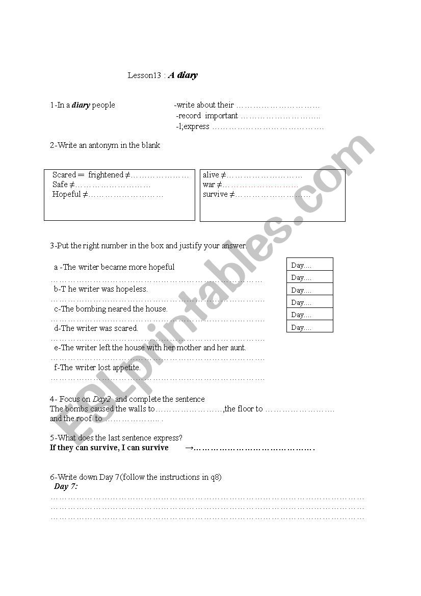  A Diary worksheet