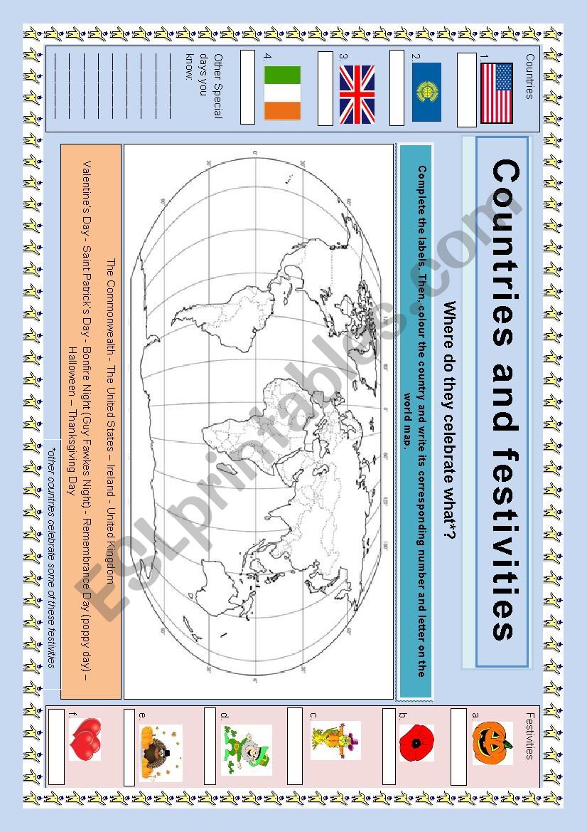 Countries and festivities worksheet