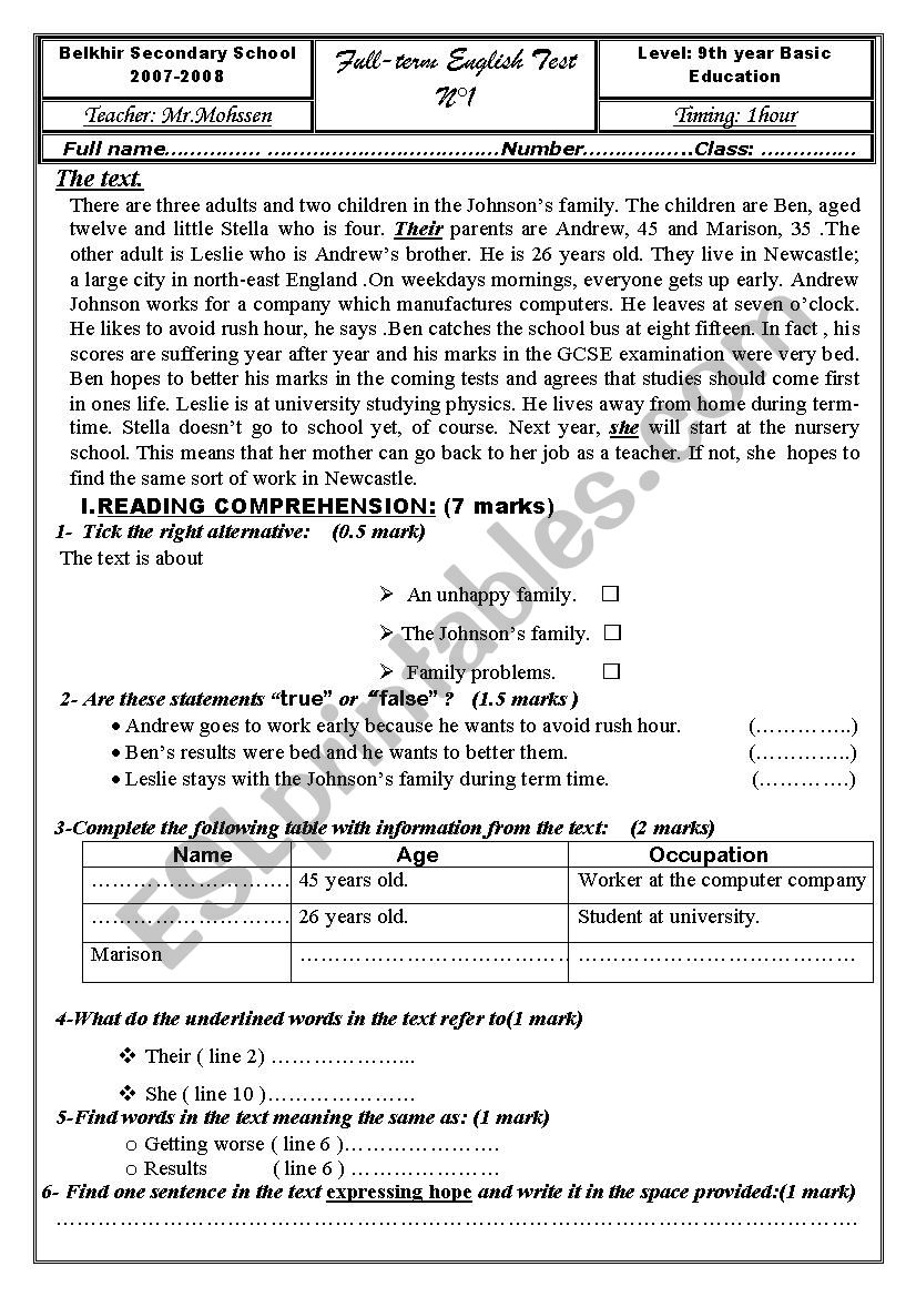 exam 9th year worksheet