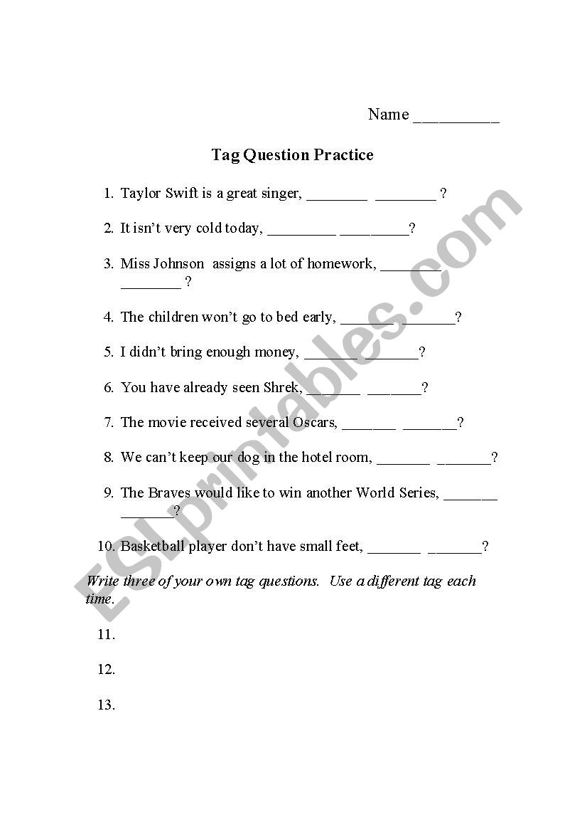 tag questions worksheet