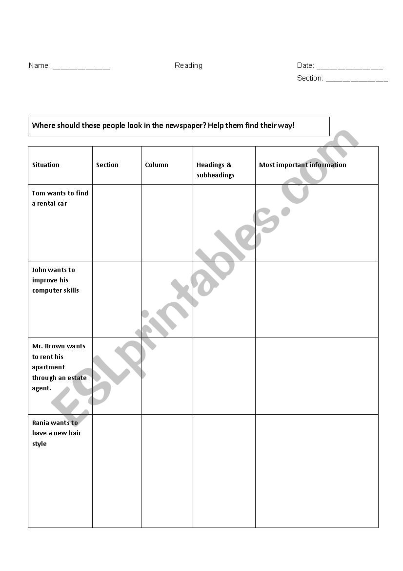 reading newspaper worksheet