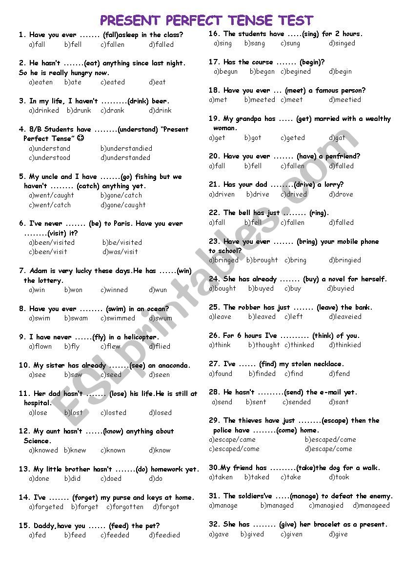 Present Perfect Tense Test worksheet