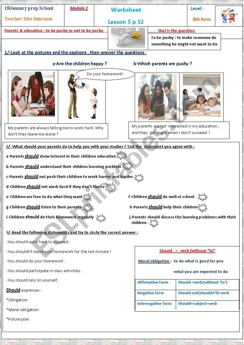 Parents and education  worksheet