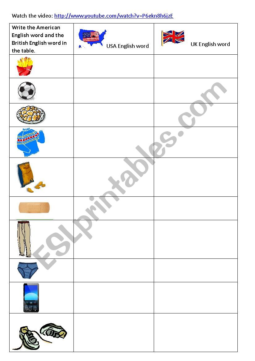 Uk vs USA worksheet