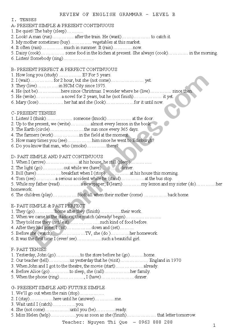 English Tense exercises worksheet