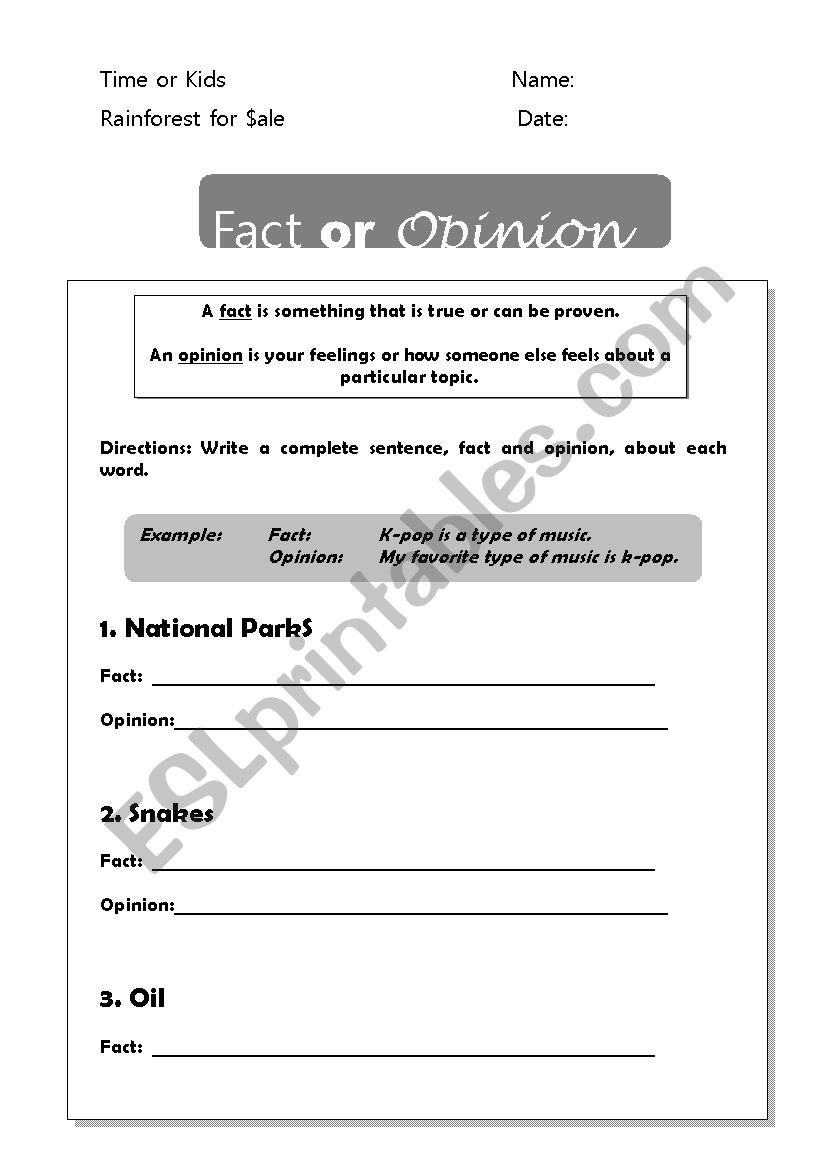 Rainforest Fact or Opinion worksheet