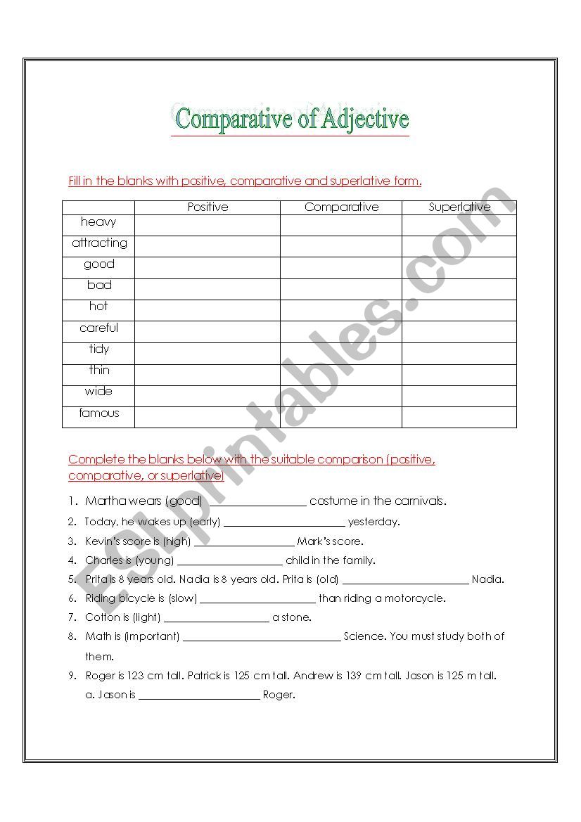 Comparative of adjective worksheet