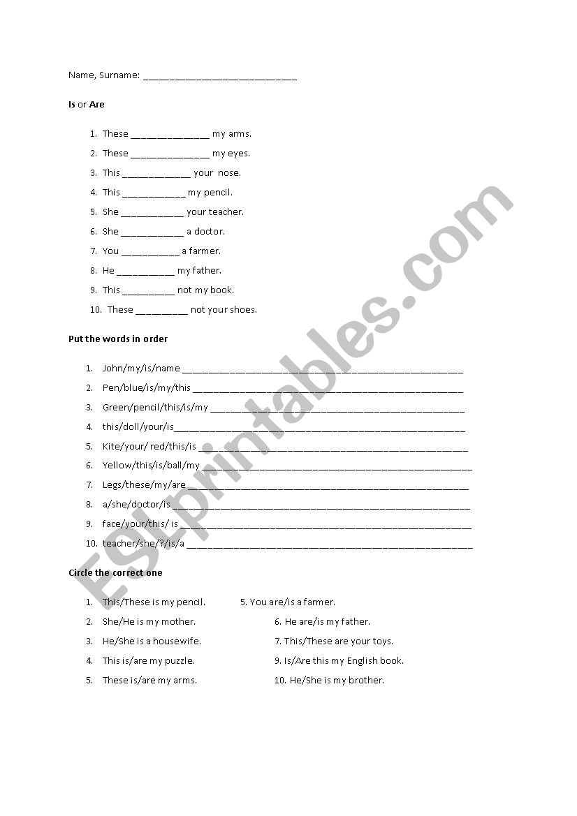 Mixed exercises on am/is/are worksheet