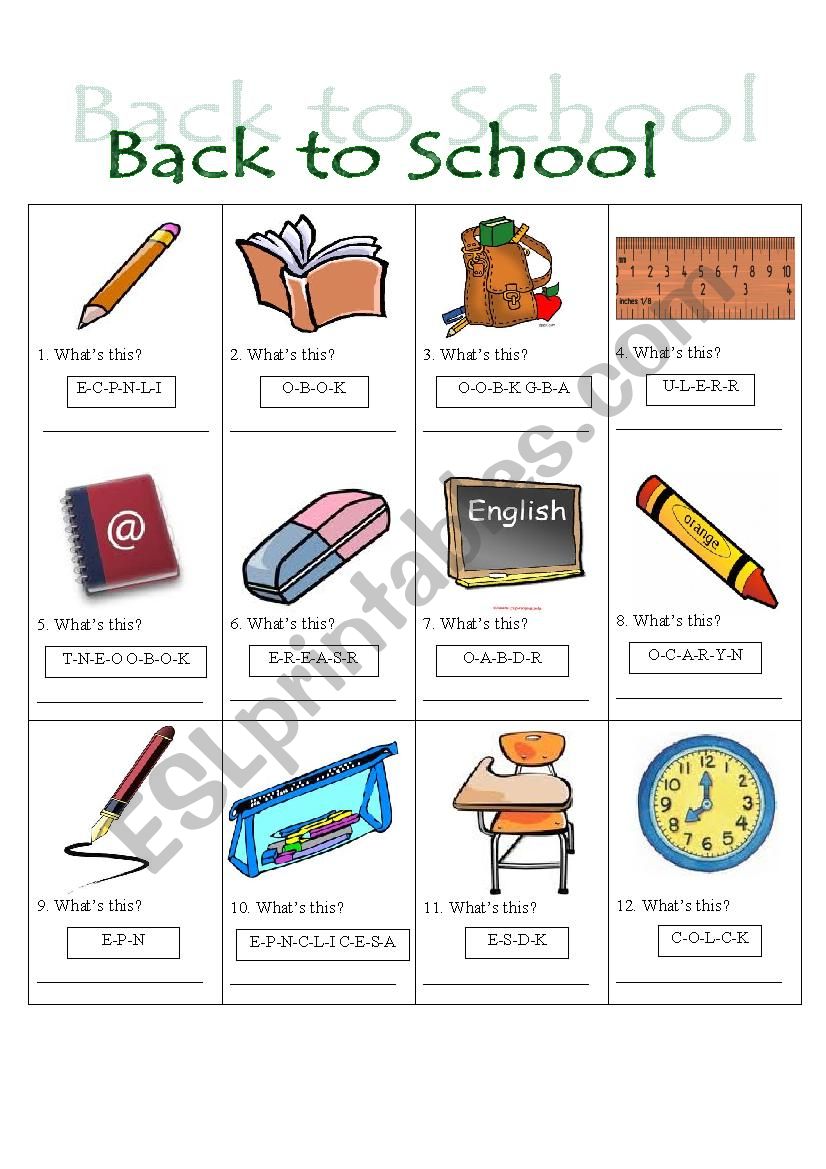 School objects worksheet