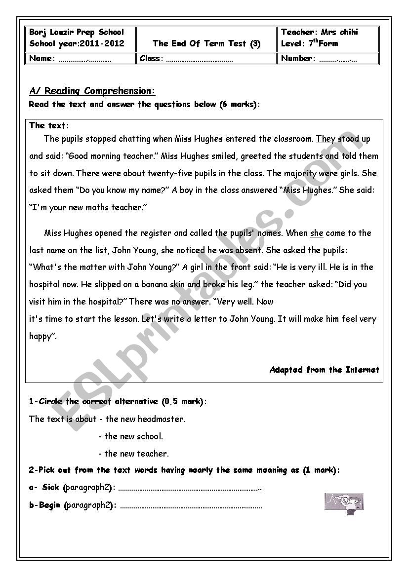 ENd term test  worksheet