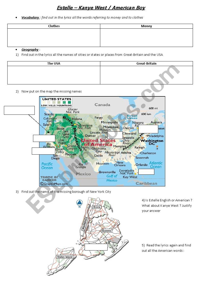 Estelle - Kanye West / American Boy worksheet