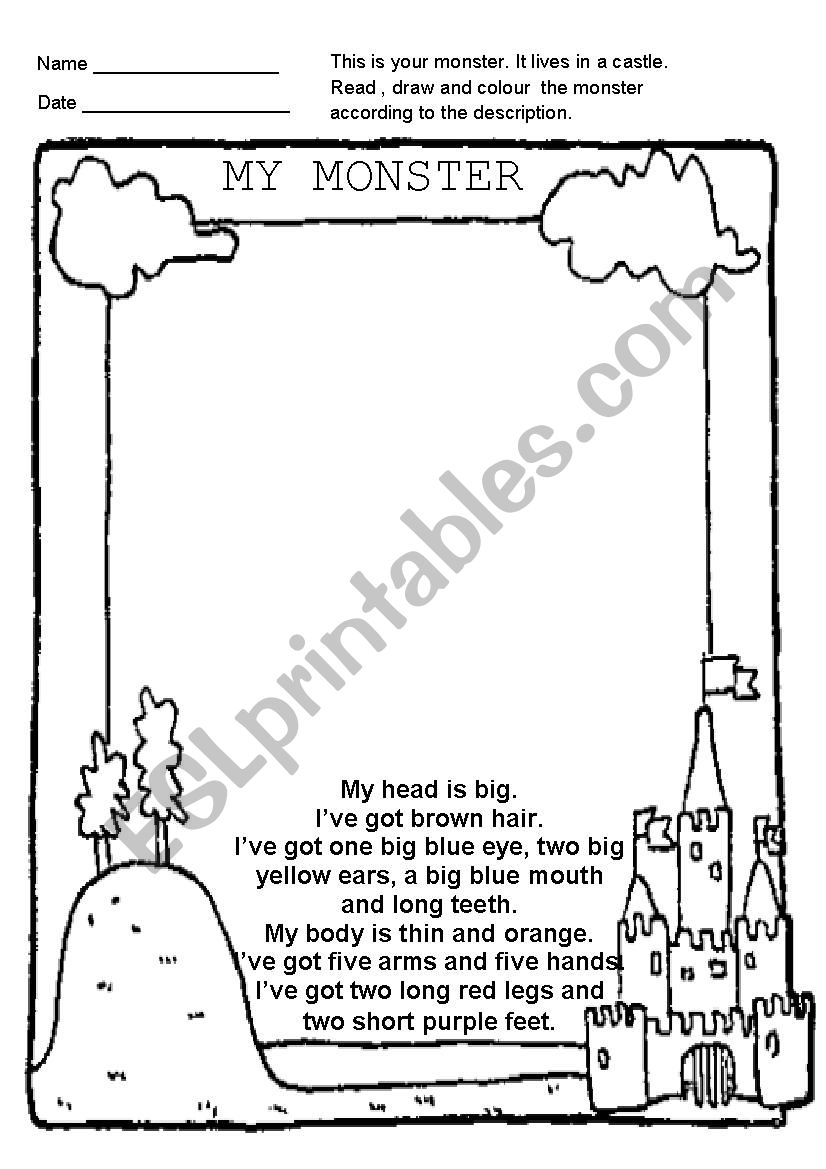 Draw A Monster Esl Worksheet By Fraulein