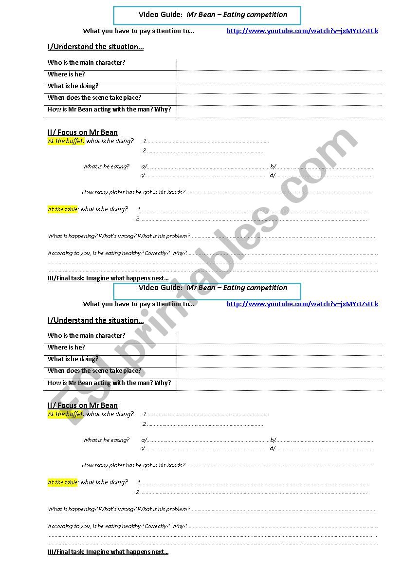 Mr Bean eating competition worksheet