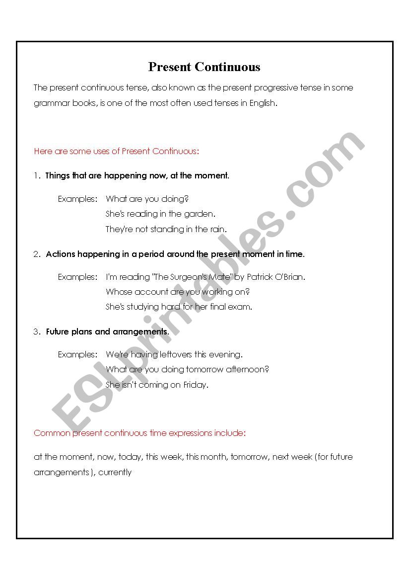 Present Continuous Tense Exercise