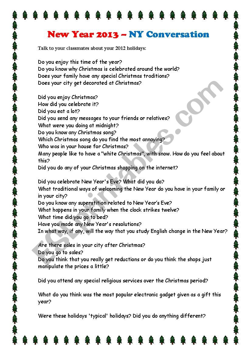 New Years conversation 2013 worksheet