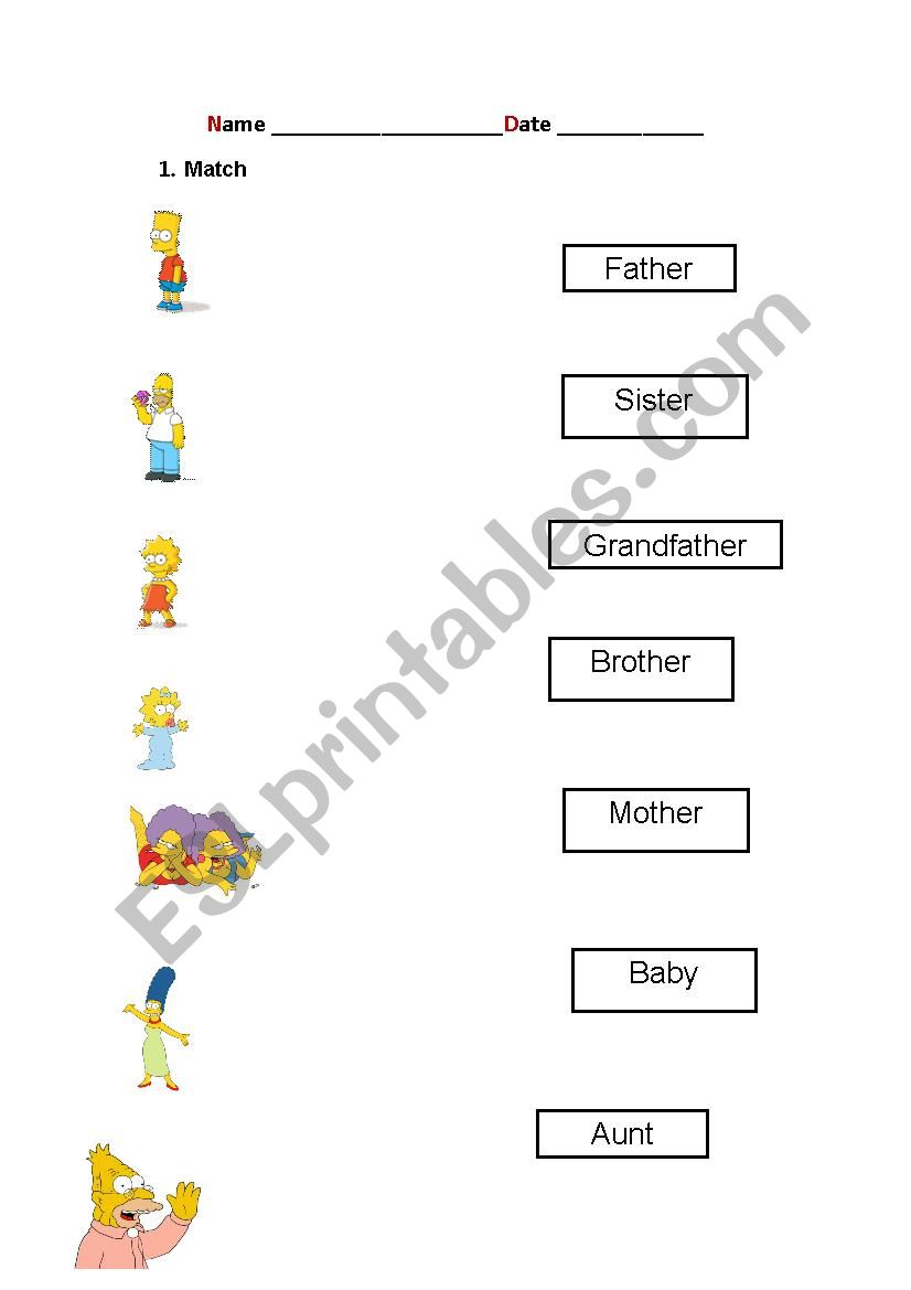 Match family simpsons worksheet