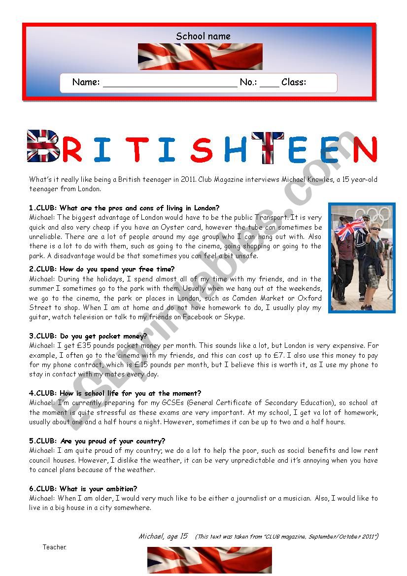 Test - British Teen worksheet