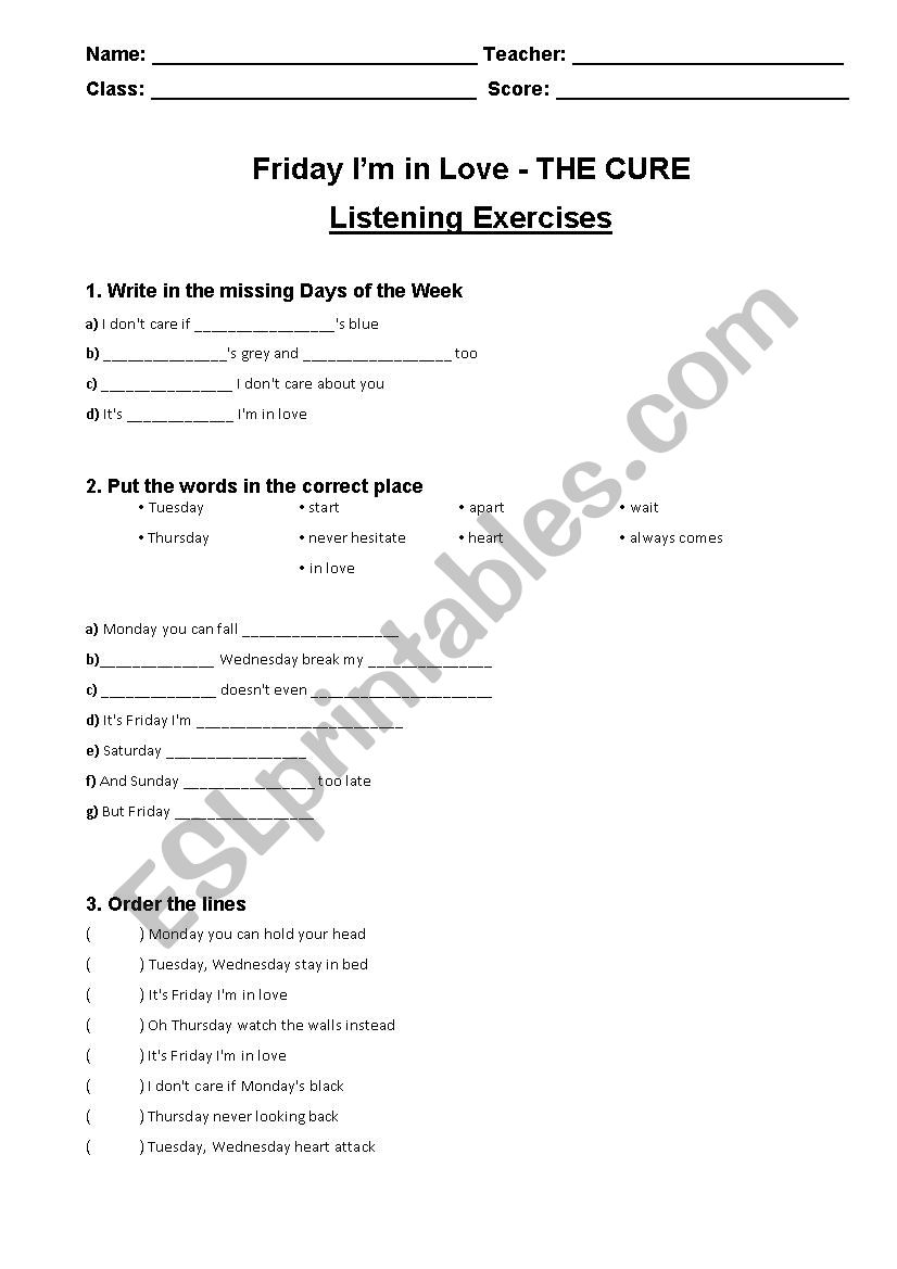 Friday Im in love worksheet