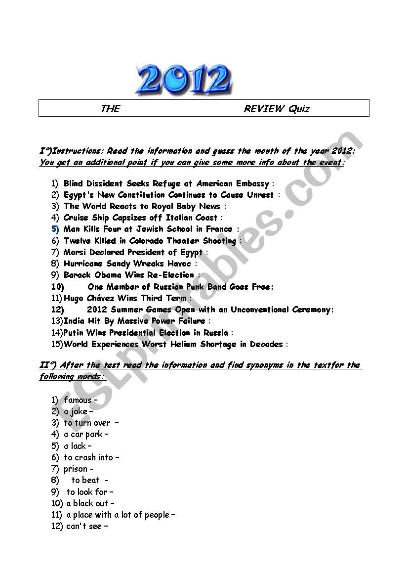 Review 2012 - Quiz  worksheet