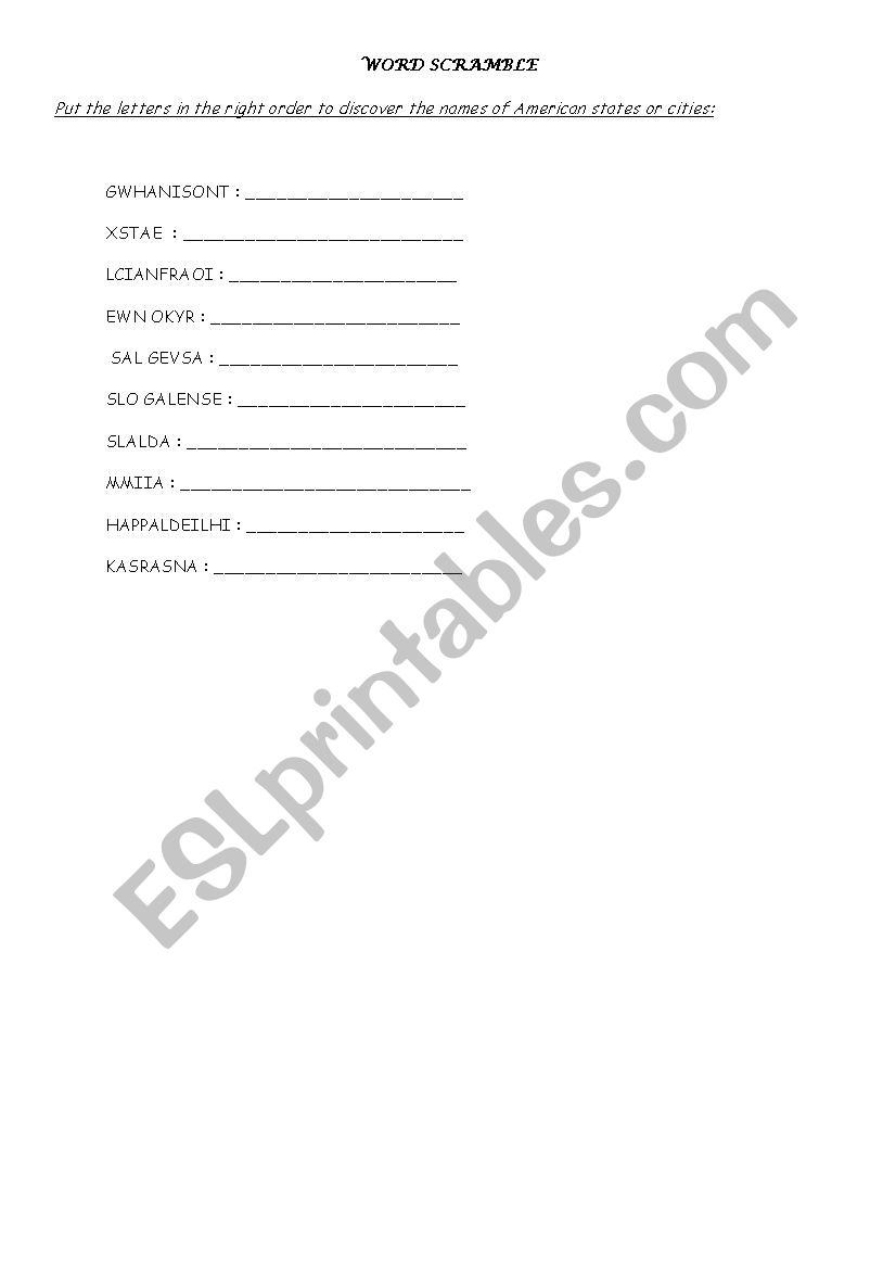 US cities states anagram worksheet