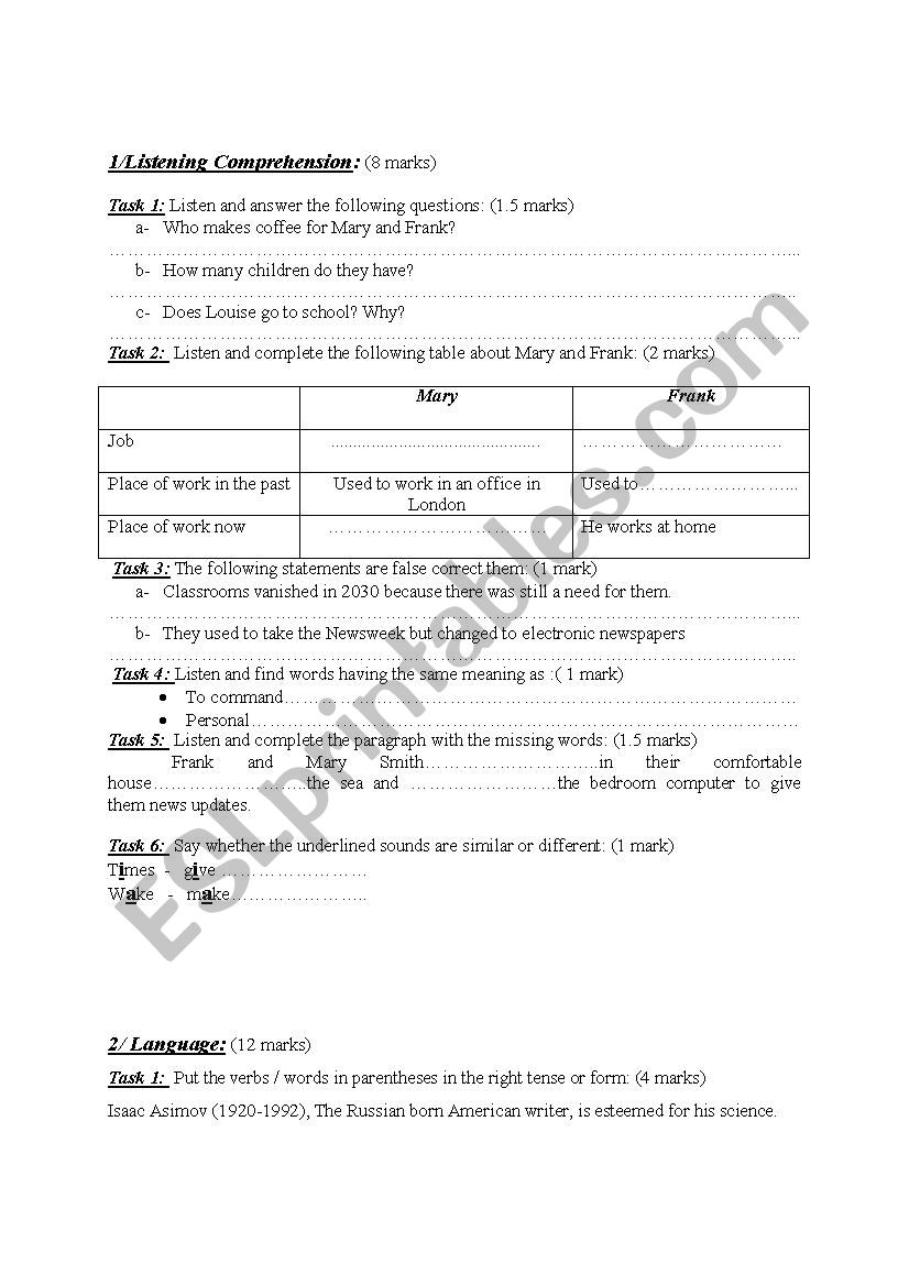 mid term test n2 for 3rd form worksheet