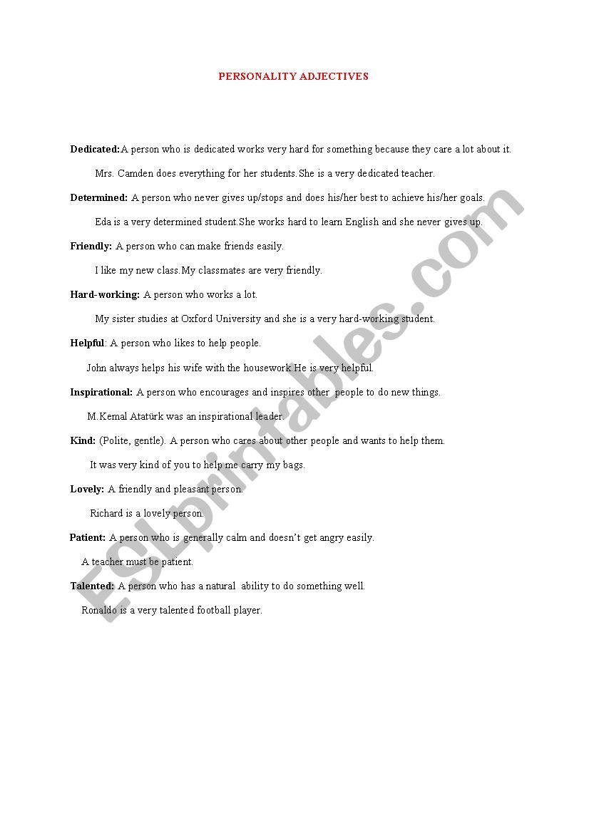  PERSONALITY ADJECTIVES worksheet