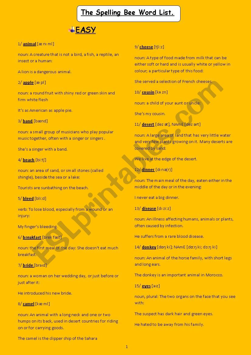 spelling bee word list worksheet