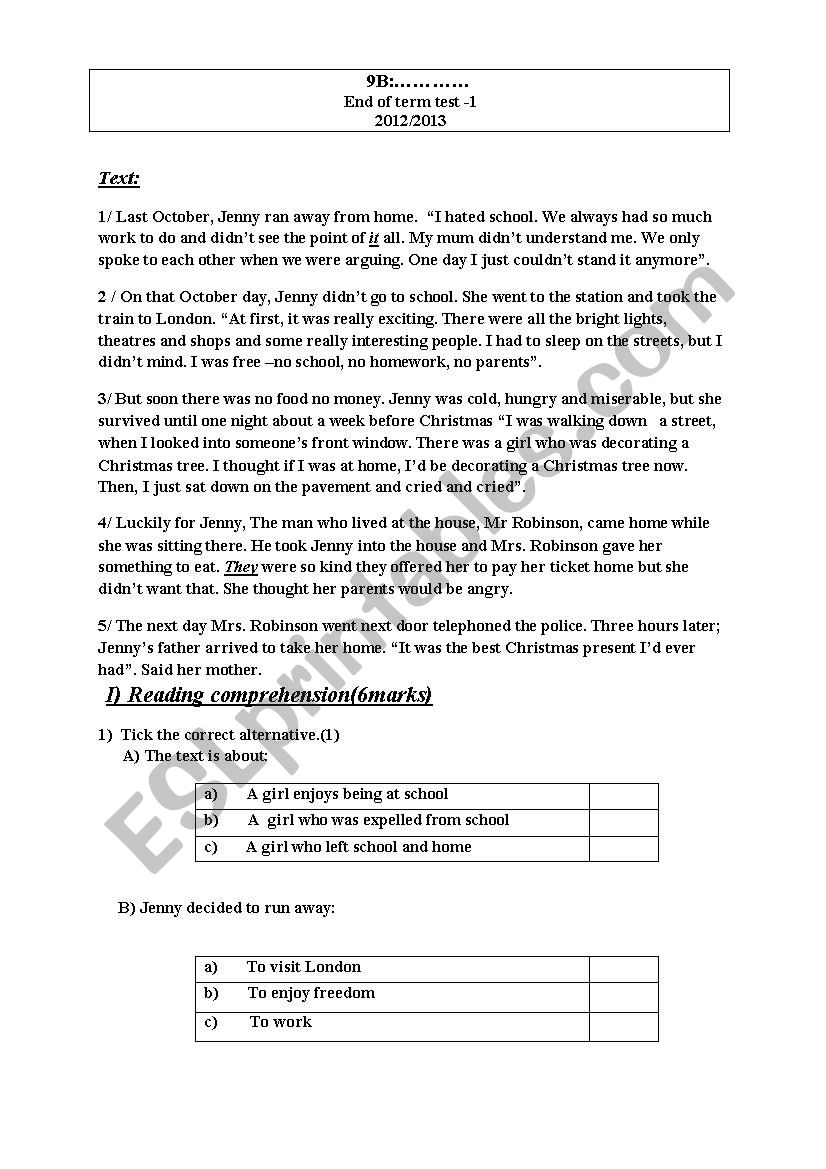 end of term test N 1 worksheet