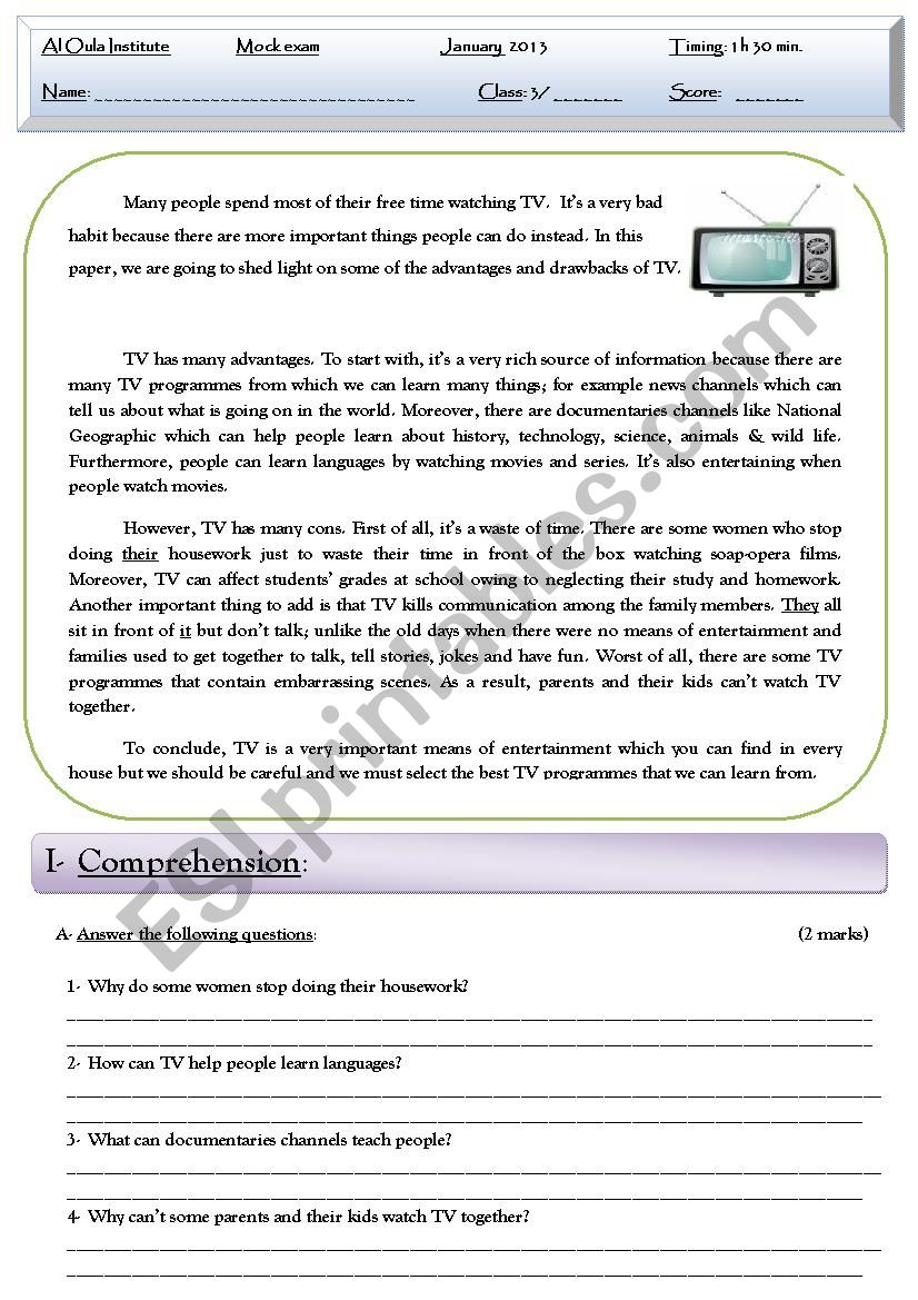 Reading - Language - Writing  Mock exam 